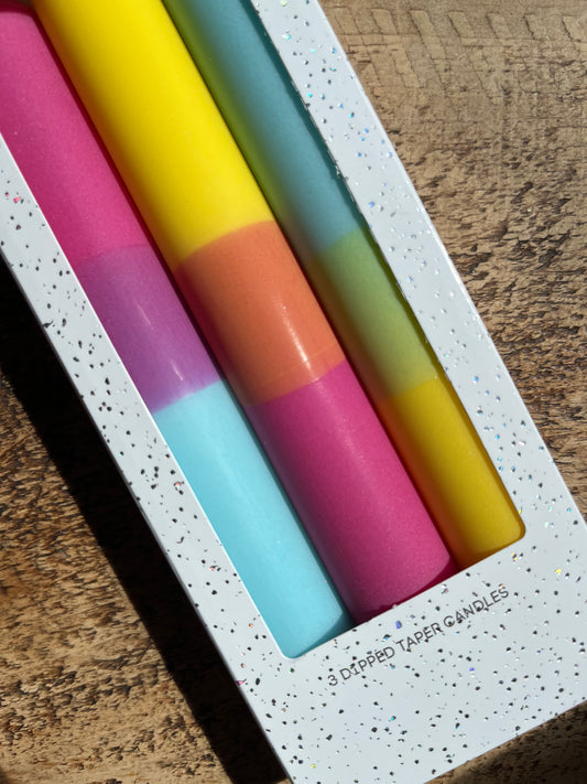 Pink, blue and yellow party candles | Vibrant home decor