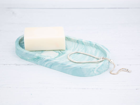 Pale Peacock Marble Effect Jesmonite Oval Tray | Handmade Home Decor