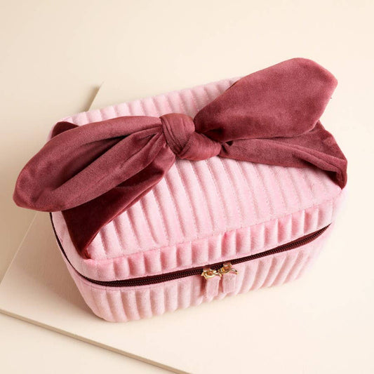 Pale Pink & Red Velvet Bow Vanity Makeup Bag | Elegant Compact Case