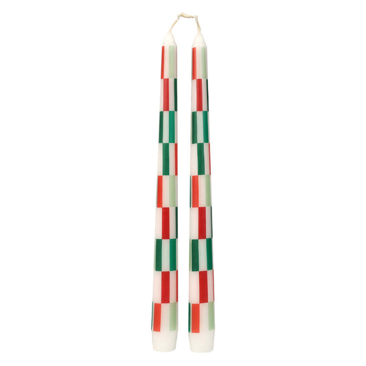 Red & Green Check Dinner Candles - Pack of 2 | Festive Table Decor