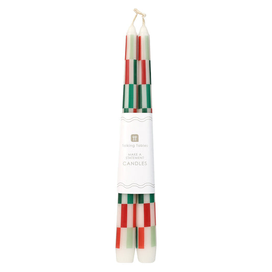 Red & Green Check Dinner Candles - Pack of 2 | Festive Table Decor