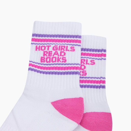 Hot Girls Read Books Organic Cotton Sports Socks | White & Hot Pink Slogan Socks