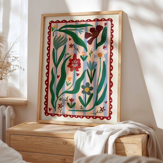 Boho Flower Striped Art Print | Hand drawn wall art