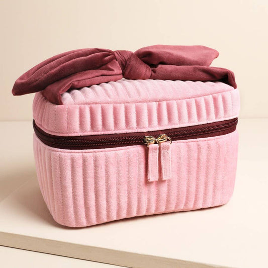 Pale Pink & Red Velvet Bow Vanity Makeup Bag | Elegant Compact Case
