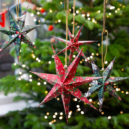 Folklore Paper Stars Christmas Tree Decorations – 3 Pack | Red & Green Festive Decor