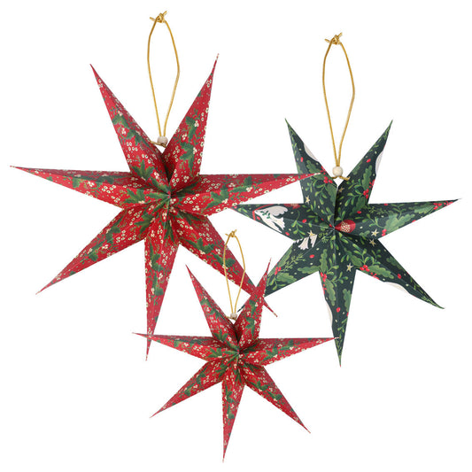 Folklore Paper Stars Christmas Tree Decorations – 3 Pack | Red & Green Festive Decor