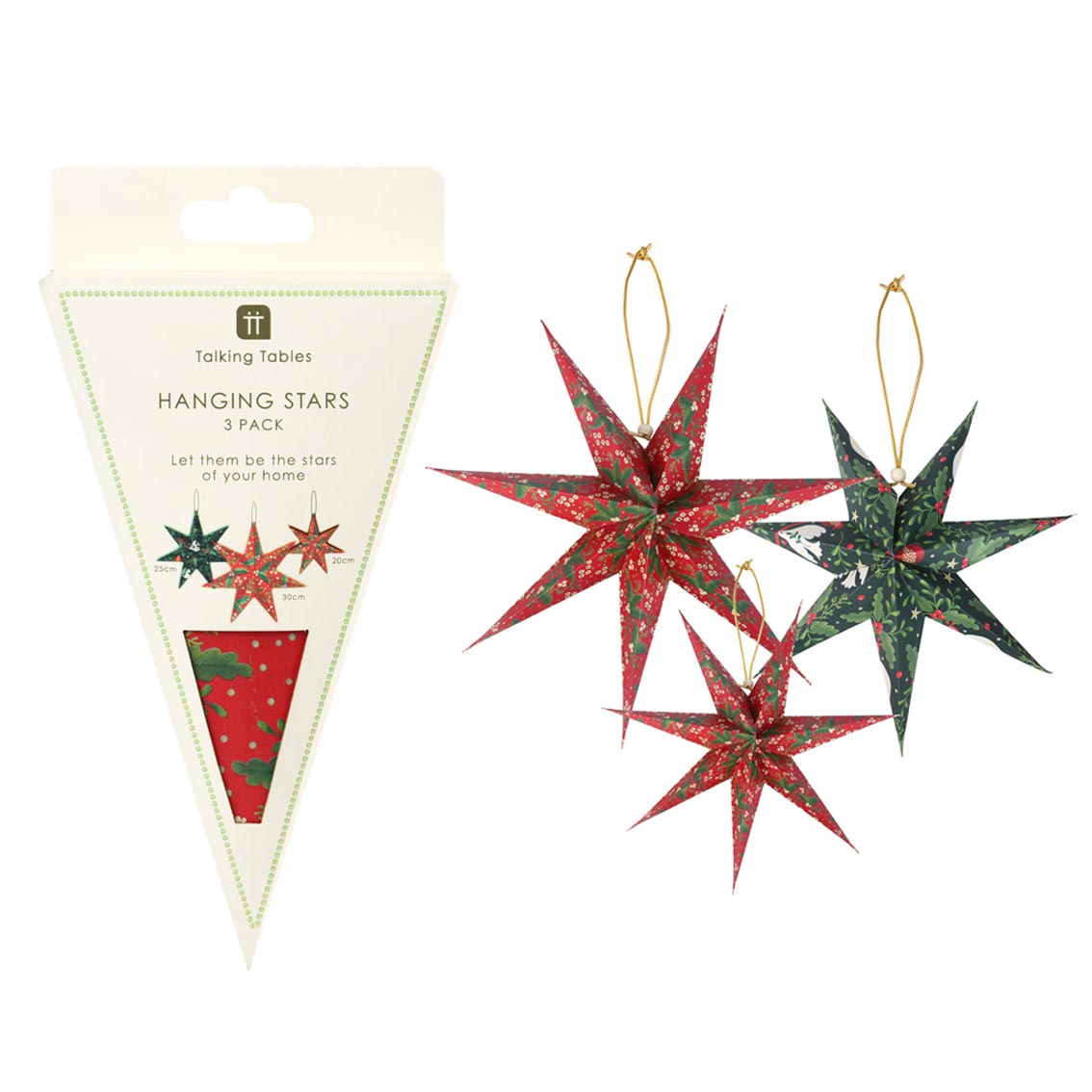 Folklore Paper Stars Christmas Tree Decorations – 3 Pack | Red & Green Festive Decor