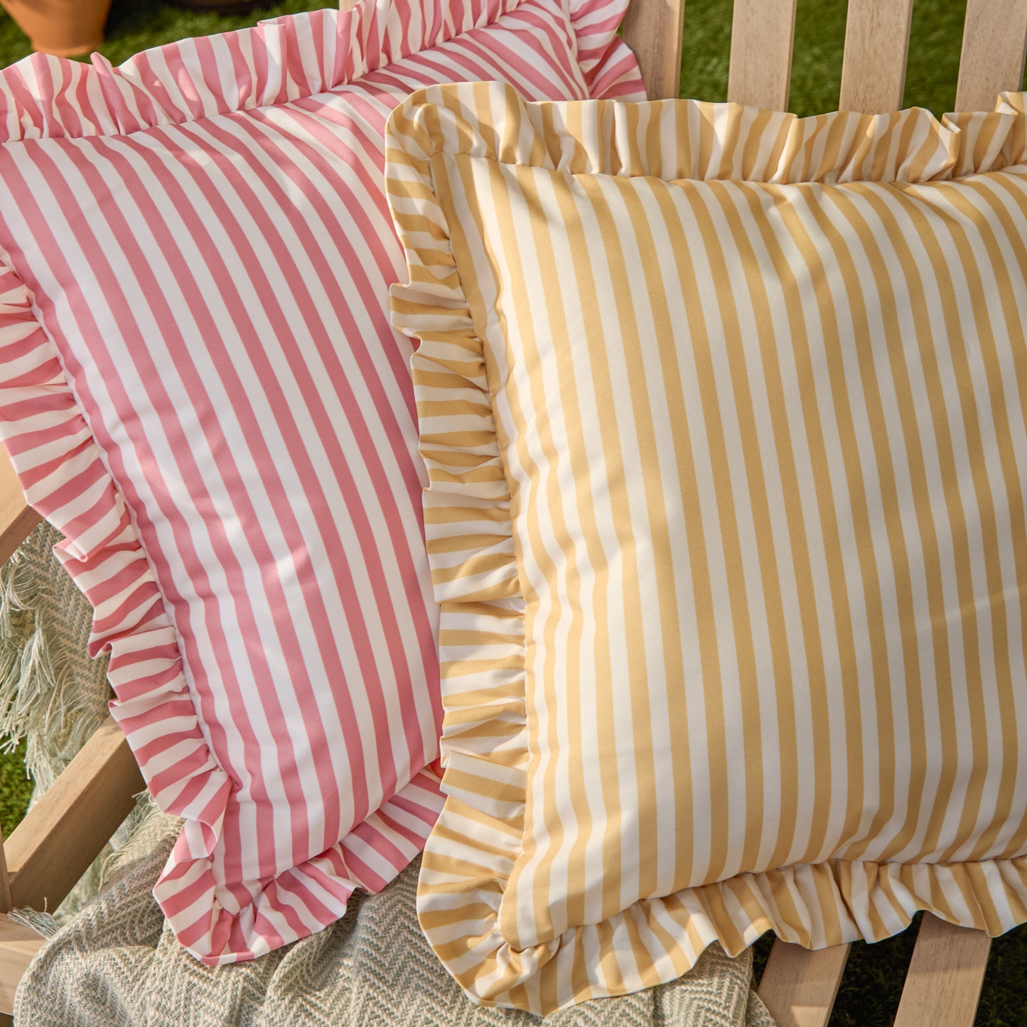 Millie Ruffle Outdoor Cushion 50x50cm | Pink Stripe Frill