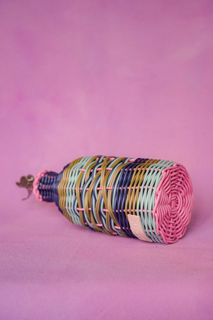 Maegen Hand Woven Oil Pourer in Pink & Navy | Faux Rattan Oil Bottle