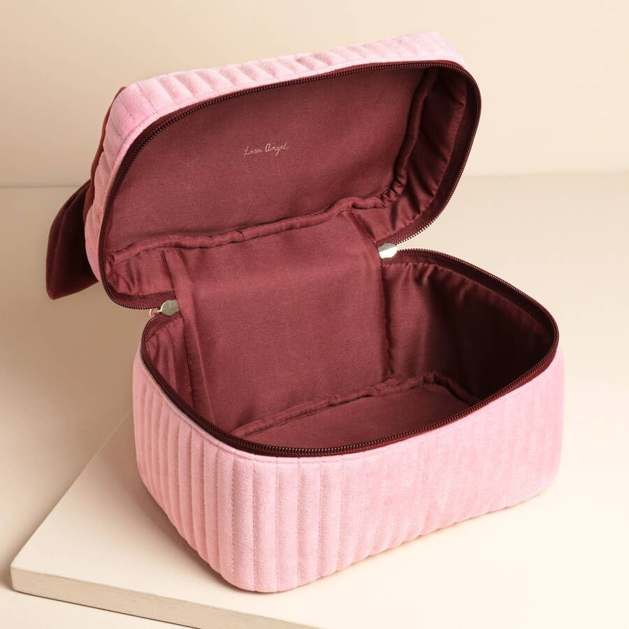 Pale Pink & Red Velvet Bow Vanity Makeup Bag | Elegant Compact Case