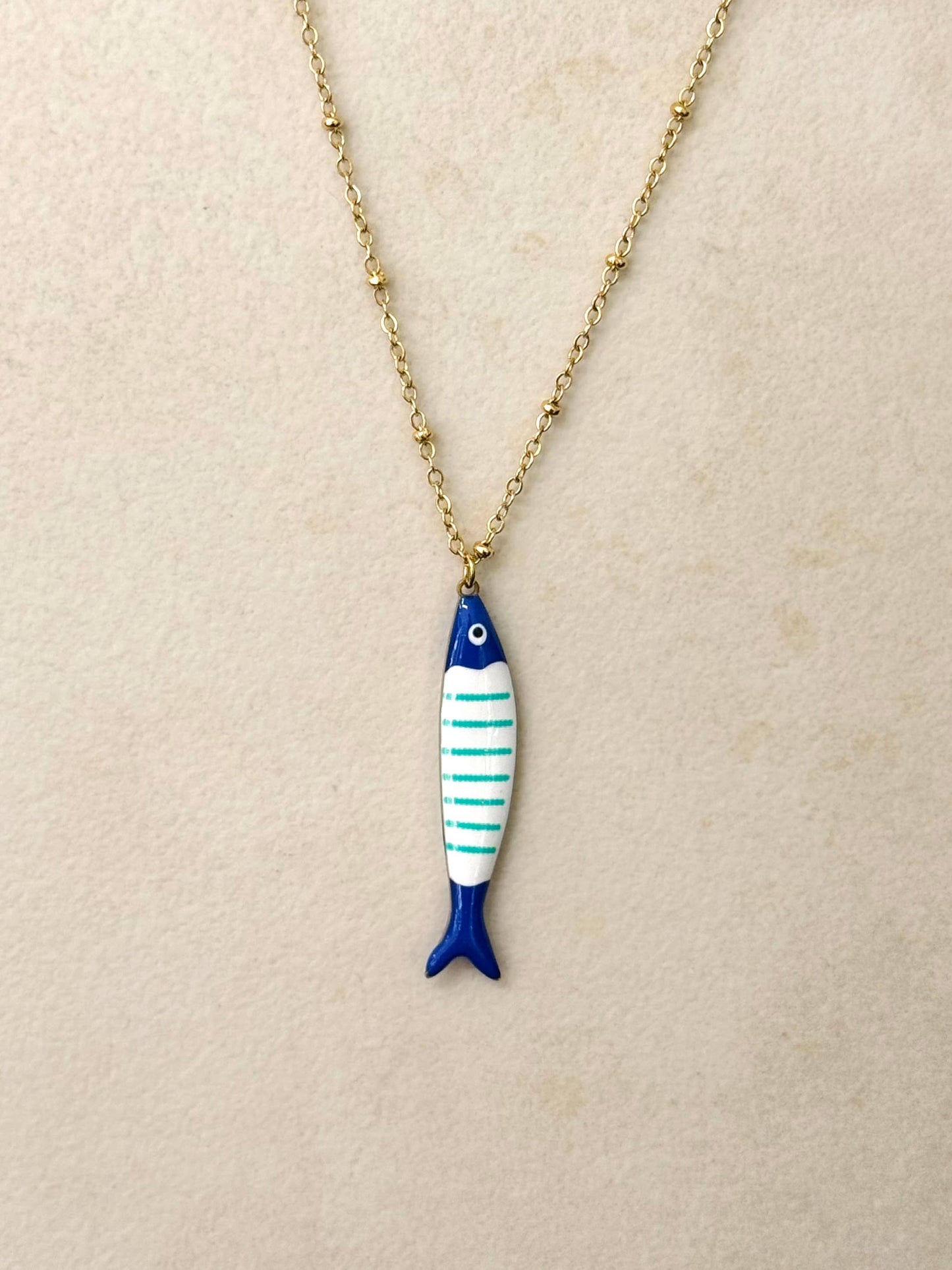 Blue Enamel Sardine Fish Necklace | 14k Gold Plated Waterproof Necklace