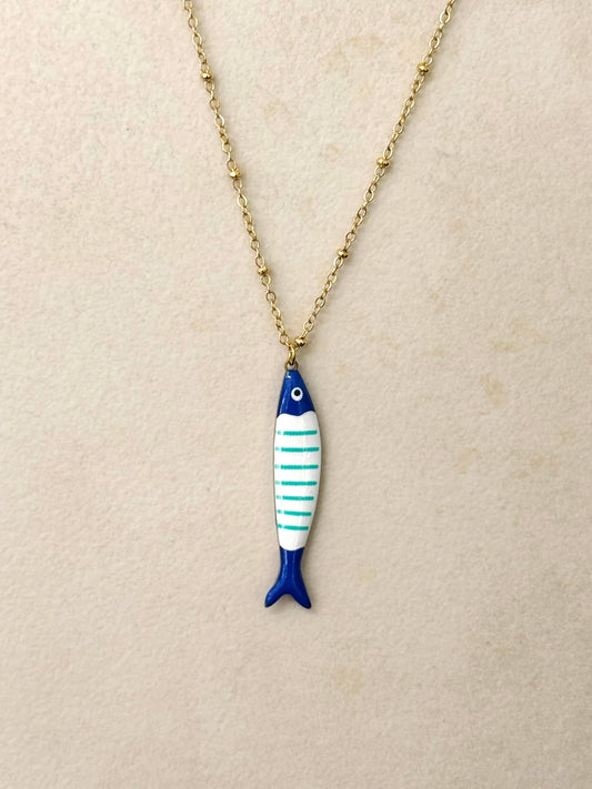 Blue Enamel Sardine Fish Necklace | 14k Gold Plated Waterproof Necklace