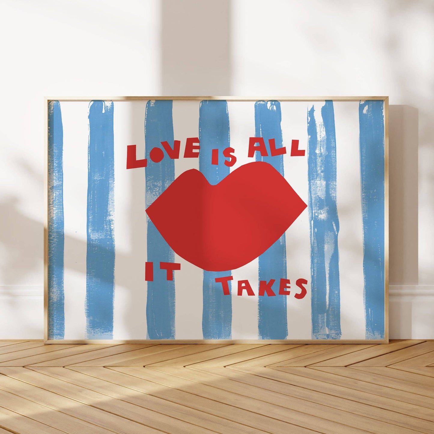 Love is All it Takes Art Print | Blue & White Stripe Lips Wall Art