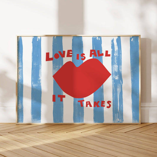 Love is All it Takes Art Print | Blue & White Stripe Lips Wall Art