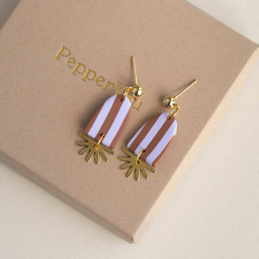 Sunny Stripe Drop Earrings : Lilac & Chocolate Brown