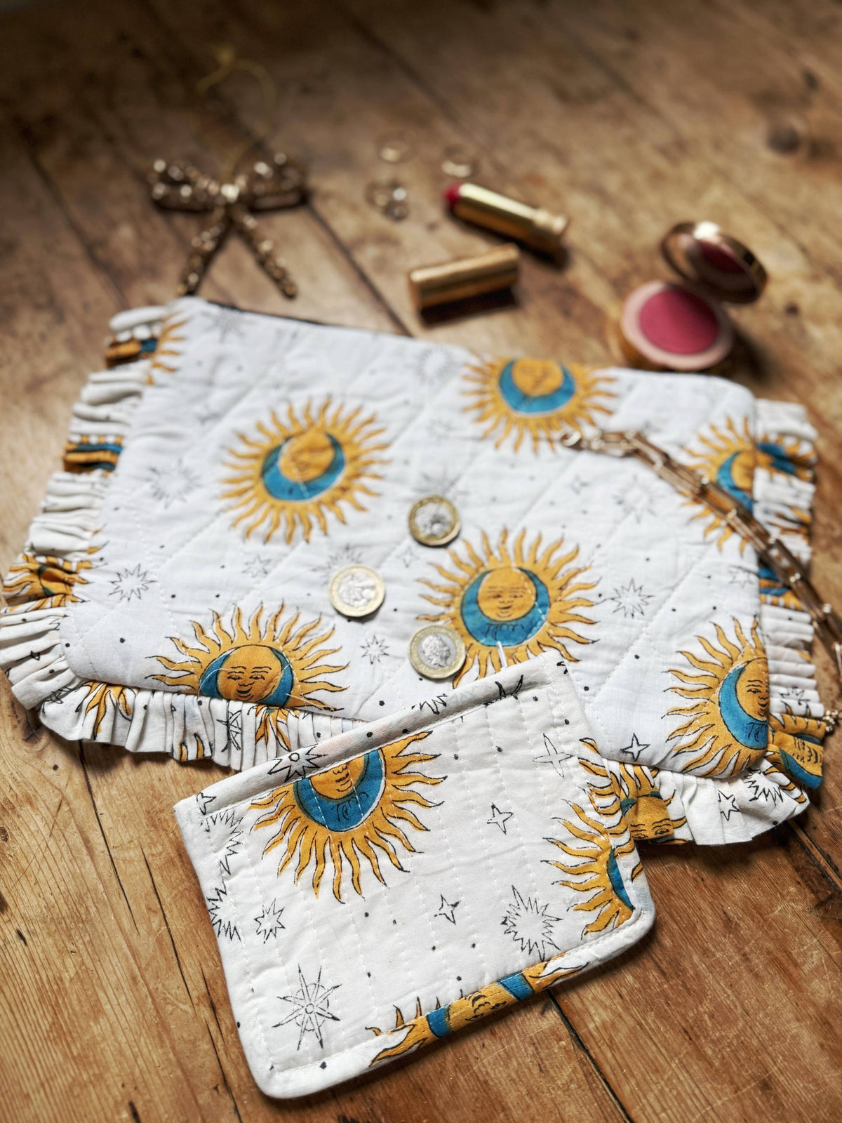 Celestial Ruffle Clutch | Hand Block Printed Quilted Cotton Clutch Bag