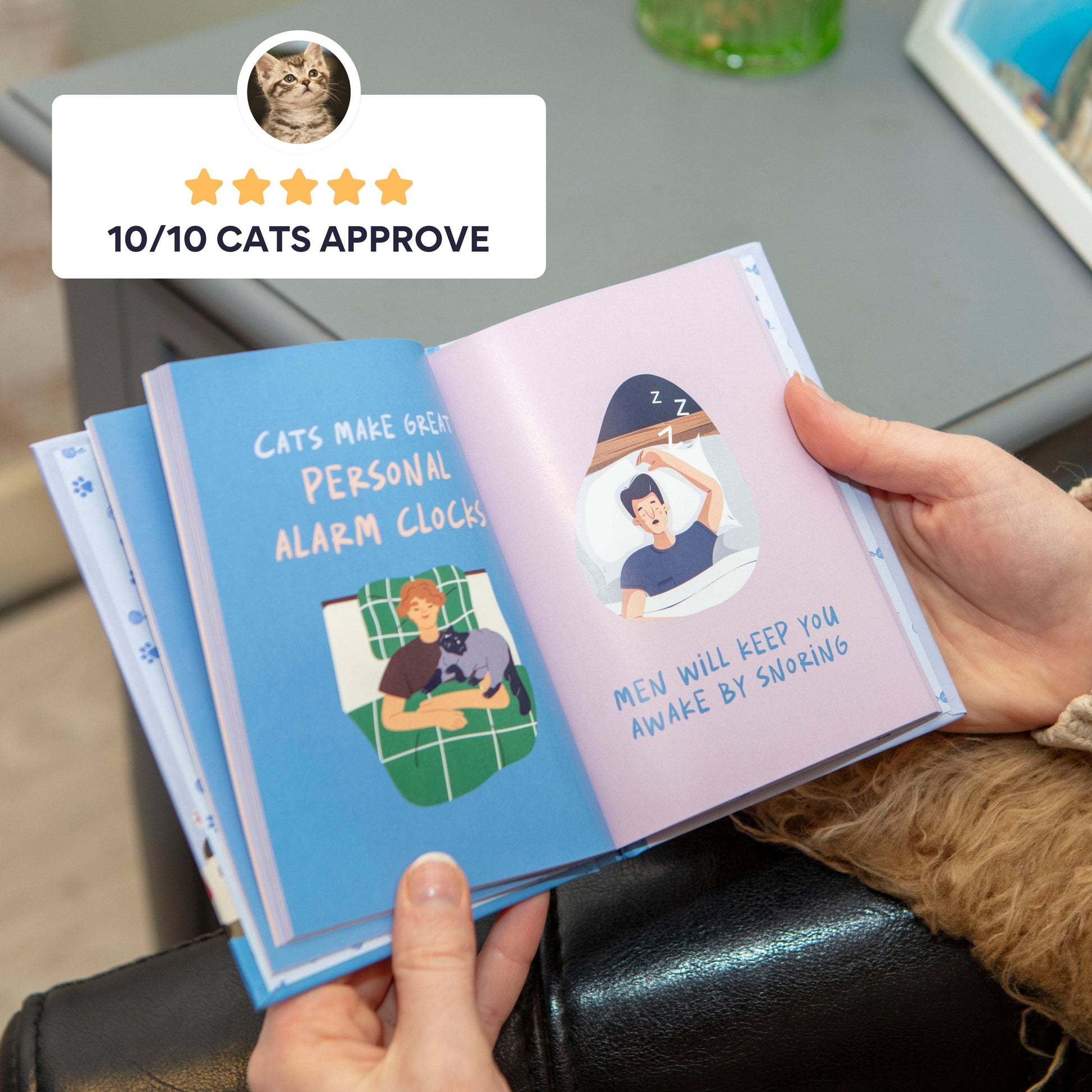 open book reads cats make great personal alarm clocks and men will keep you awake by snoring