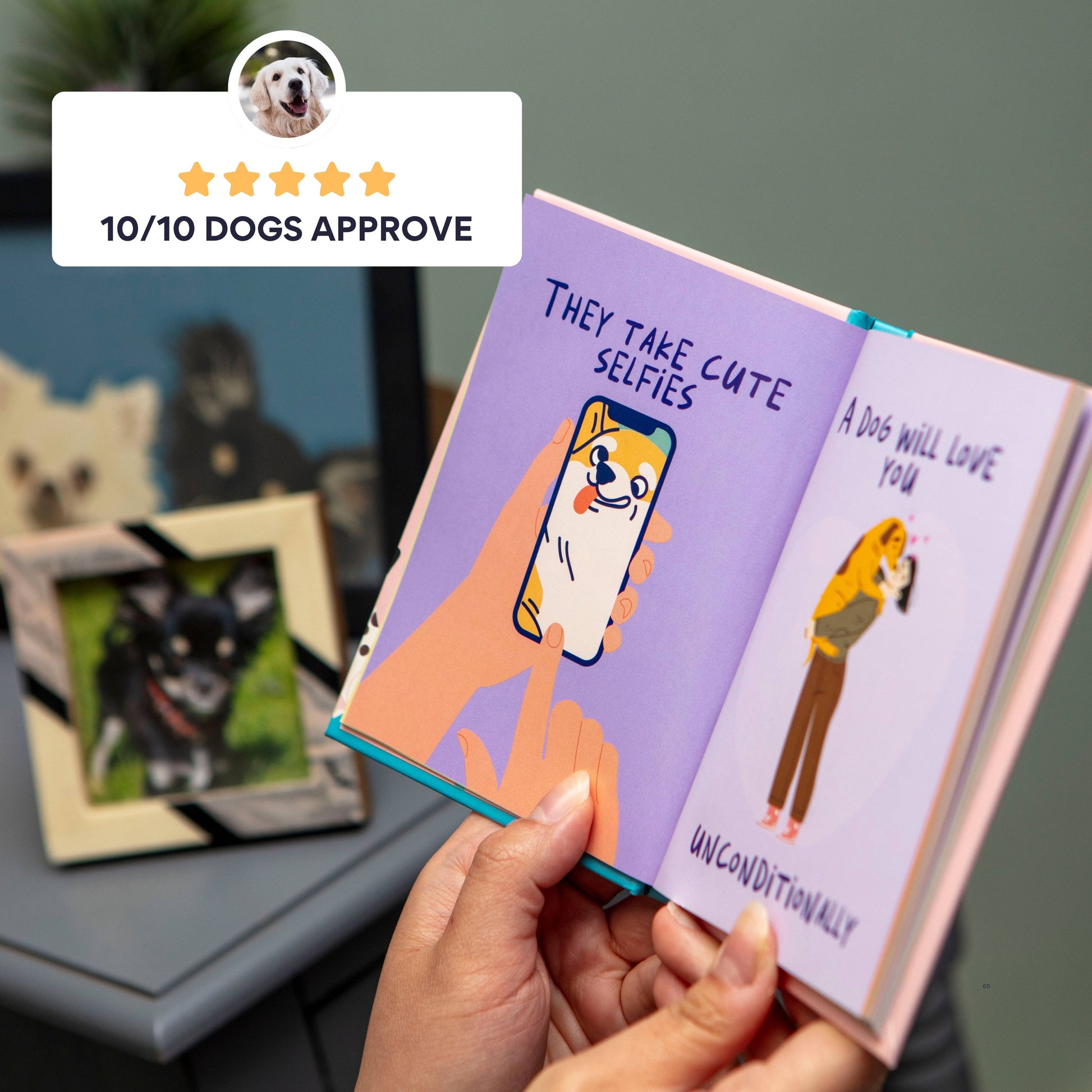 person holding an open book next to a photo of a dog