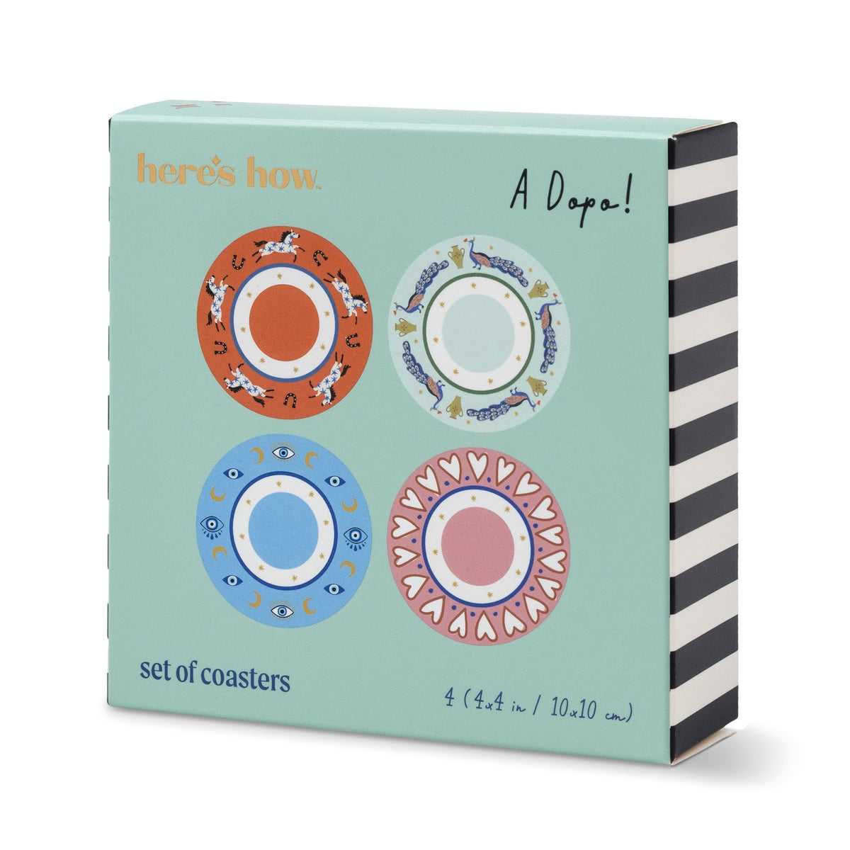 A Dopo coasters, eye peacock heart horse