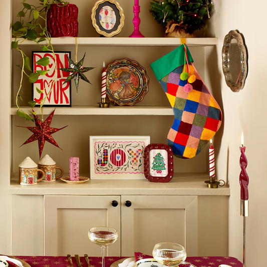 Raspberry Blossom Checkered Christmas Stocking | Boucle Harlequin Stocking with Pompoms