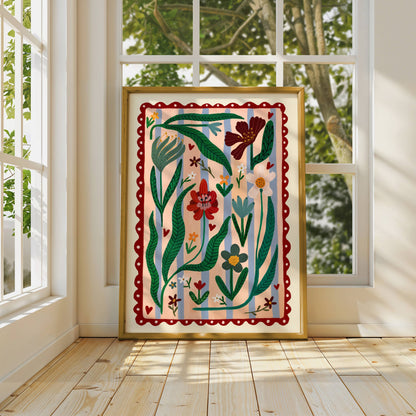 Boho Flower Striped Art Print | Hand drawn wall art