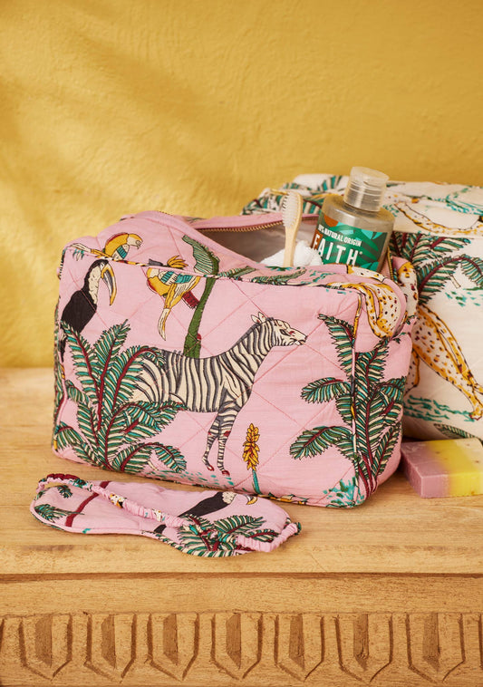 Hand Screen Printed Jungle Print Wash Bag | Quilted Cotton Toiletry Bag