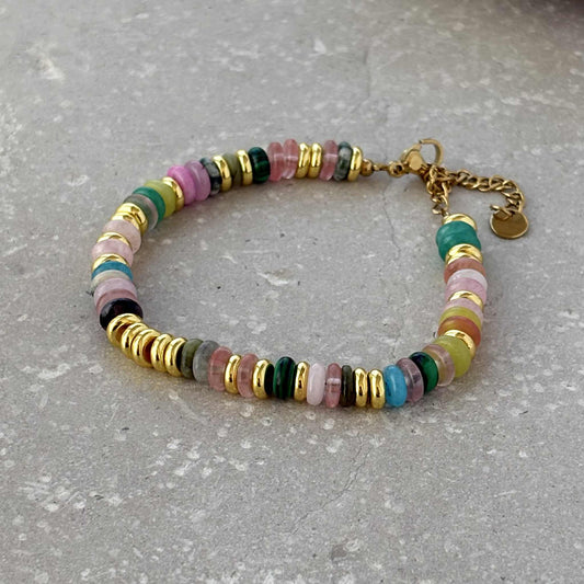 Multicolour Stone & Gold Beaded Bracelet | PVD Gold Plated Bracelet, Waterproof Bracelet