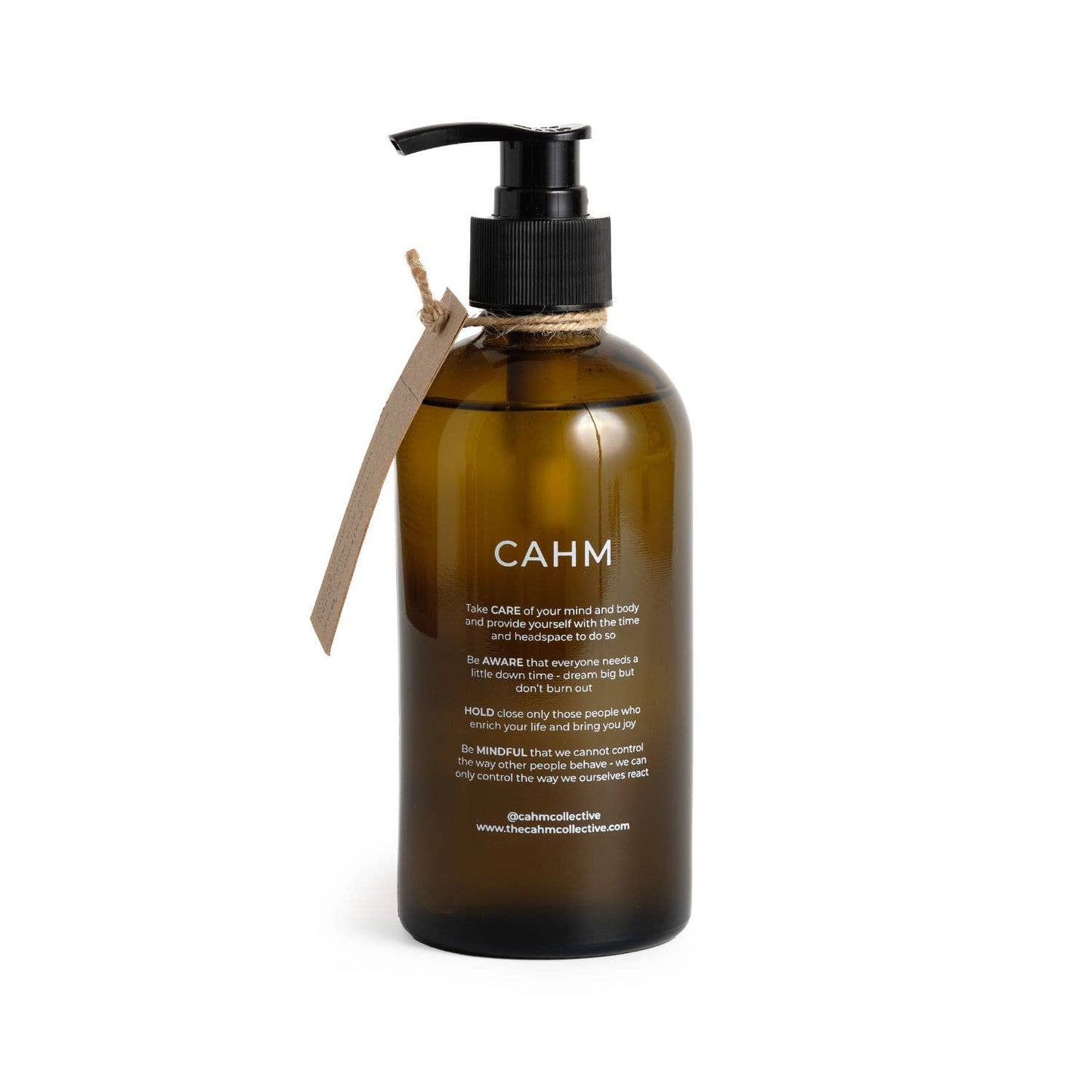 Brown bottle with pump and 'CAHM' label on a white background