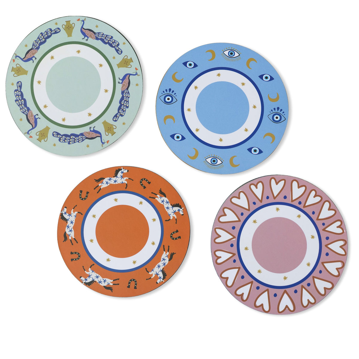 A Dopo coasters, eye peacock heart horse