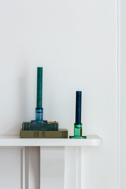 Mini glass candleholders, blue and green styled together