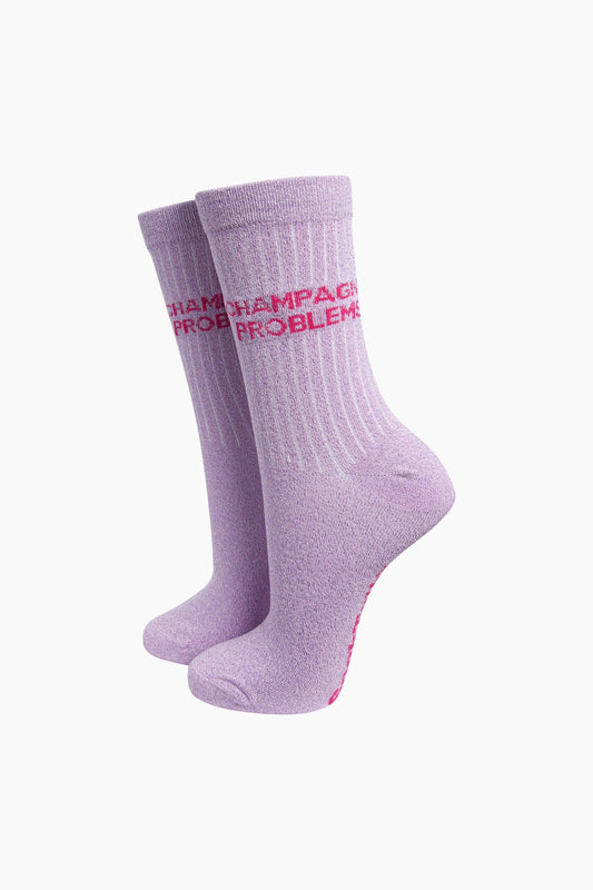 Champagne Problems Glitter Crew Socks in Lilac | Funny Socks for Her