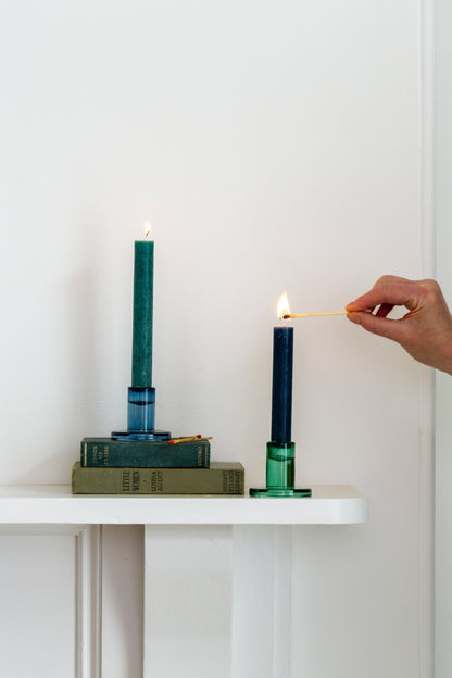 Mini glass candleholders, blue and green styled together