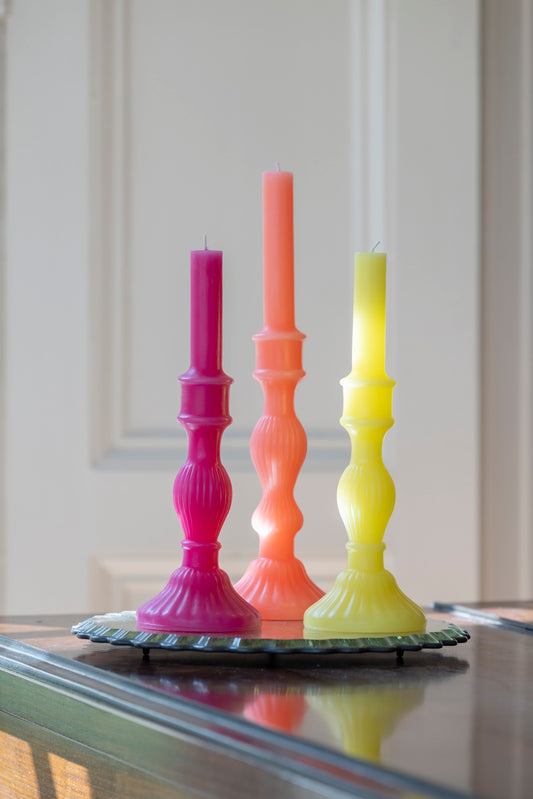 Candlestick shaped candles, styled group including fuchsia