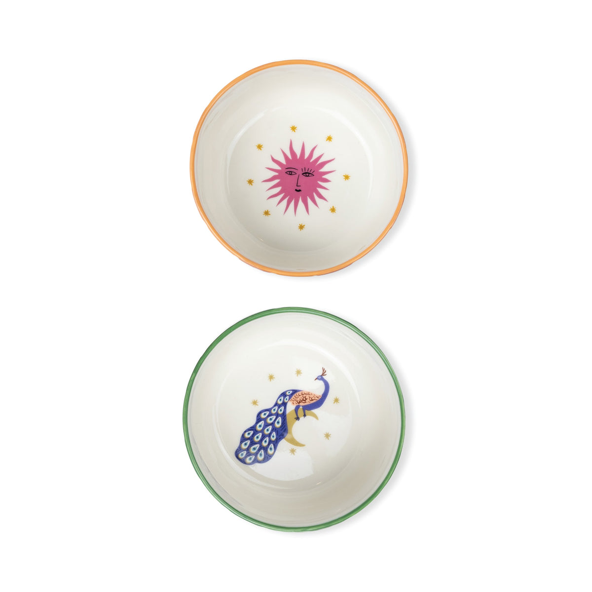 A Dopo dipping bowls, sun and peacock