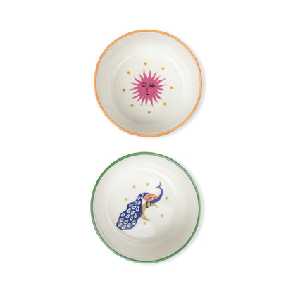 A Dopo dipping bowls, sun and peacock