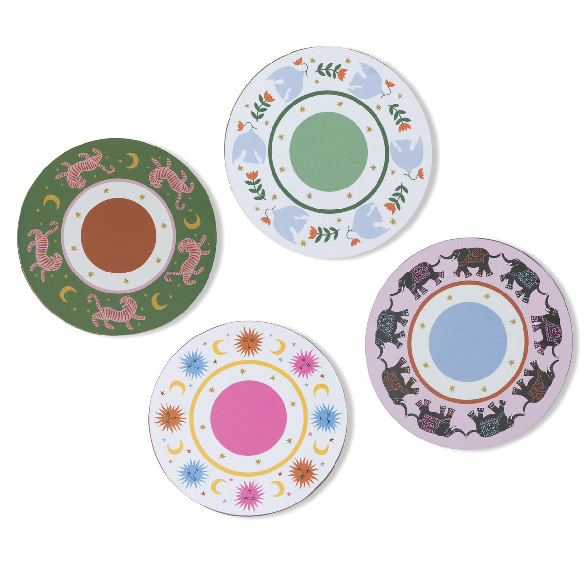 A Dopo coasters, tiger flower sun elephant