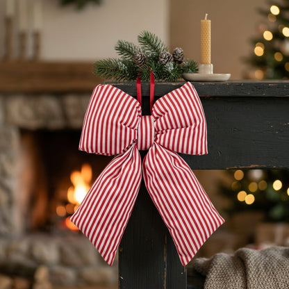 Large Red & White Striped Bow Christmas Decoration | Handcrafted Hanging Bow
