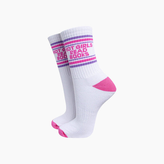 Hot Girls Read Books Organic Cotton Sports Socks | White & Hot Pink Slogan Socks