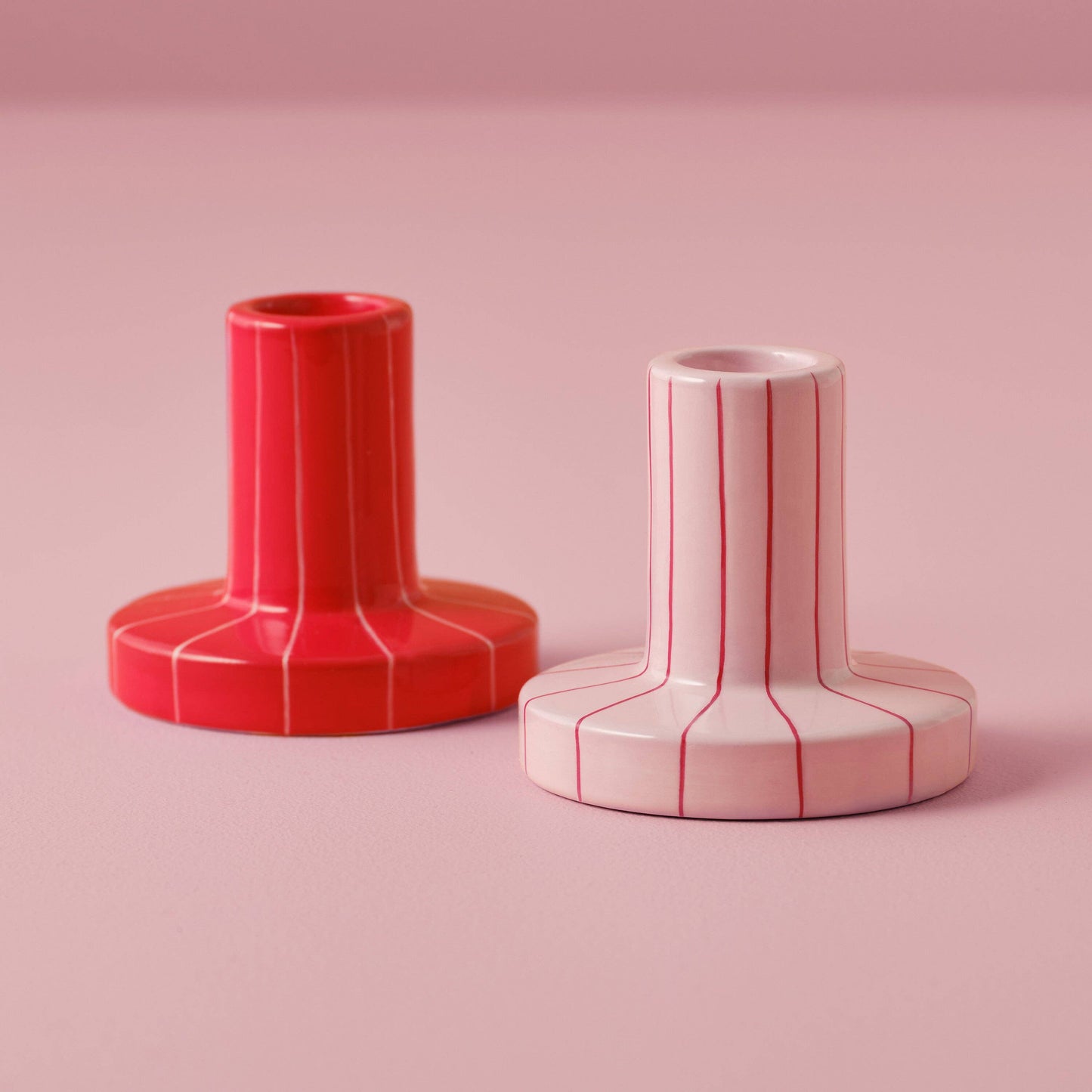 Red & Pink Striped Ceramic Candle Holders | Set of 2 Handpainted Candle Holders