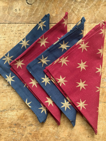 Gold Star Block Printed Napkins | Set of 4 Hand Block Printed Cotton Napkins, Navy or Merlot