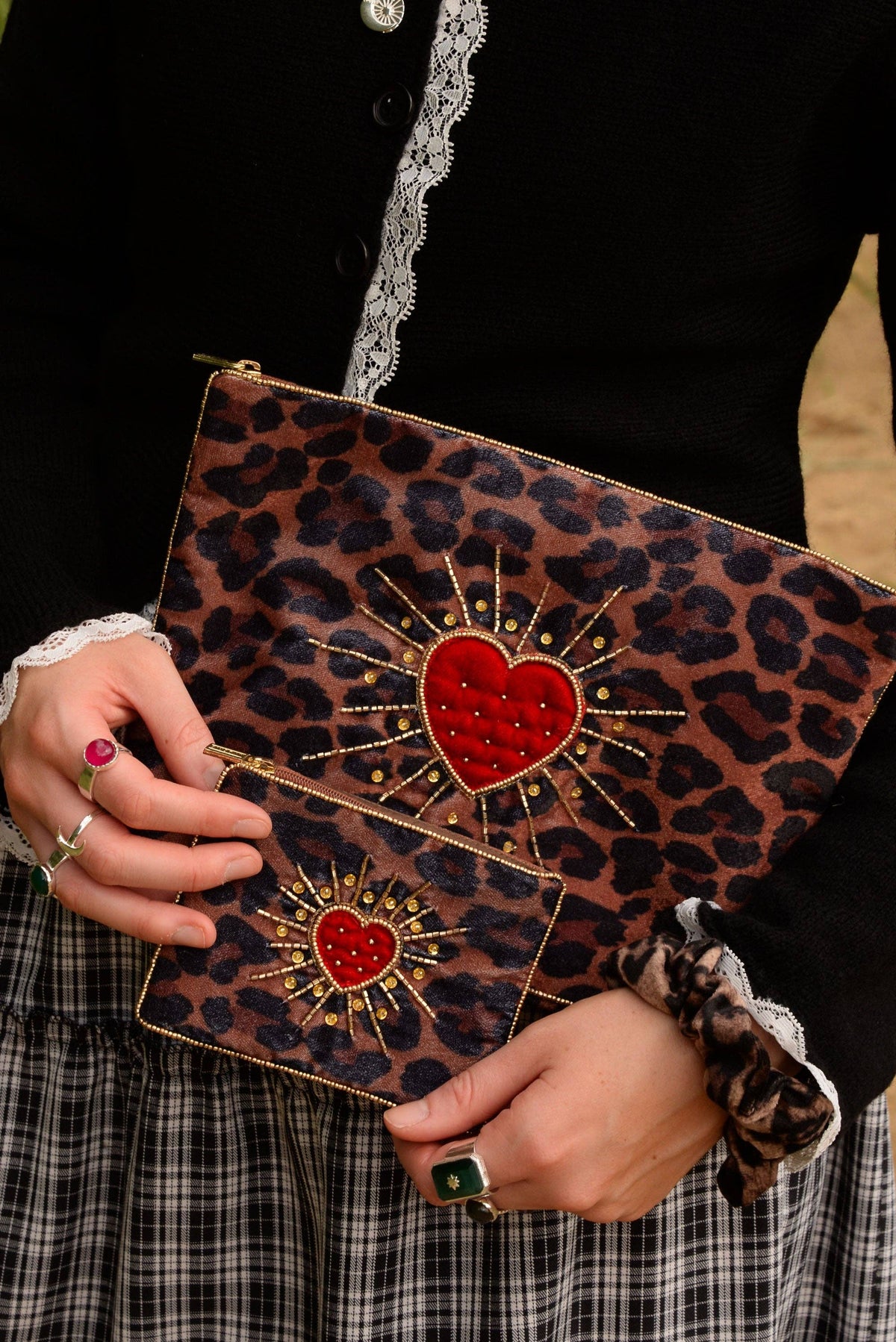My Doris Leopard Heart Burst Large Pouch | Beaded Velvet Clutch Bag & Make Up Bag