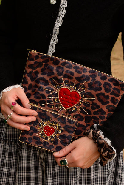 My Doris Leopard Heart Burst Large Pouch | Beaded Velvet Clutch Bag & Make Up Bag