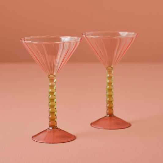Pink & Green Bobbin Coupe Cocktail Glasses Set of 2 | Colourful Cocktail Glassware