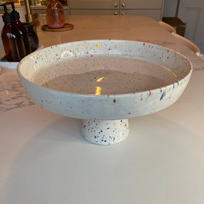White Cake Stand with Splatter Pattern | Hand-Painted Ceramic Cake Stand