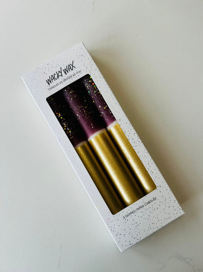 Burgundy & Gold Glitter Dipped Candles | Pack of 3 Dinner Candles
