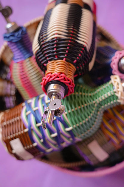 Maegen Hand Woven Oil Pourer in Pink & Navy | Faux Rattan Oil Bottle