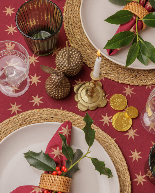 Gold Star Block Printed Tablecloth in Merlot