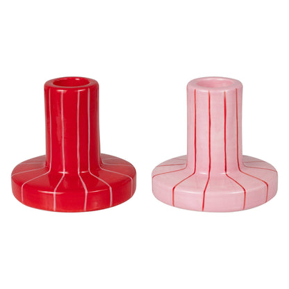 Red & Pink Striped Ceramic Candle Holders | Set of 2 Handpainted Candle Holders