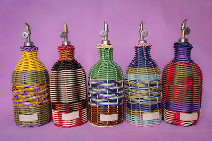 Maegen Hand Woven Oil Pourer in Pink & Navy | Faux Rattan Oil Bottle