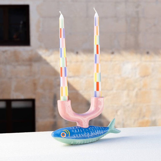 Multi Coloured Chequered Taper Dinner Candles | Chequered Home Decor